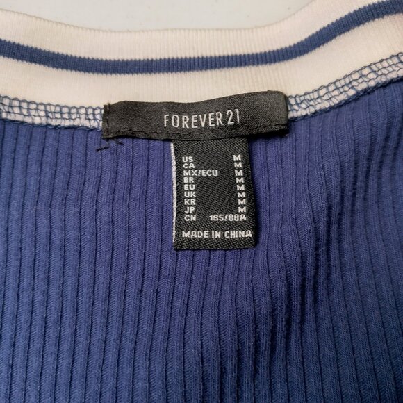 Forever 21 Shirt Juniors Medium Baby Crop Top Ribbed Blue Varsity Academia Y2K - Picture 9 of 16